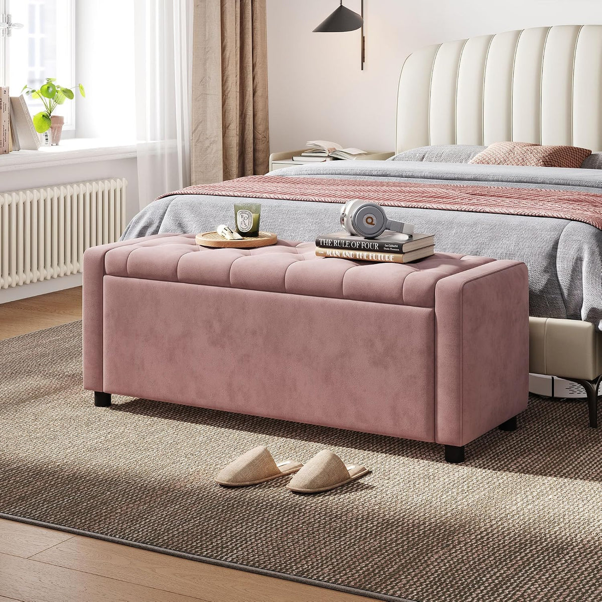 49" Velvet Ottoman with Storage, Upholstered End of Bed Storage Bench, Large Ottoman Foot Rest , Pink