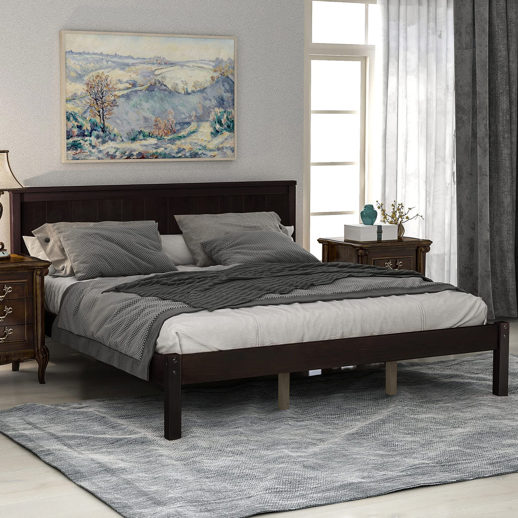 Platform Bed with Headboard, Rustic Wooden Bed Frame with Slat, No Box Spring Needed, Espresso
