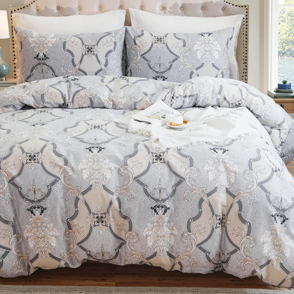 100% Natural Cotton Duvet Cover Set King 3 Pcs Grayish Duvet Cover with Luxurious Damask Pattern, Reversible
