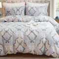 100% Natural Cotton Duvet Cover Set King 3 Pcs Grayish Duvet Cover with Luxurious Damask Pattern, Reversible
