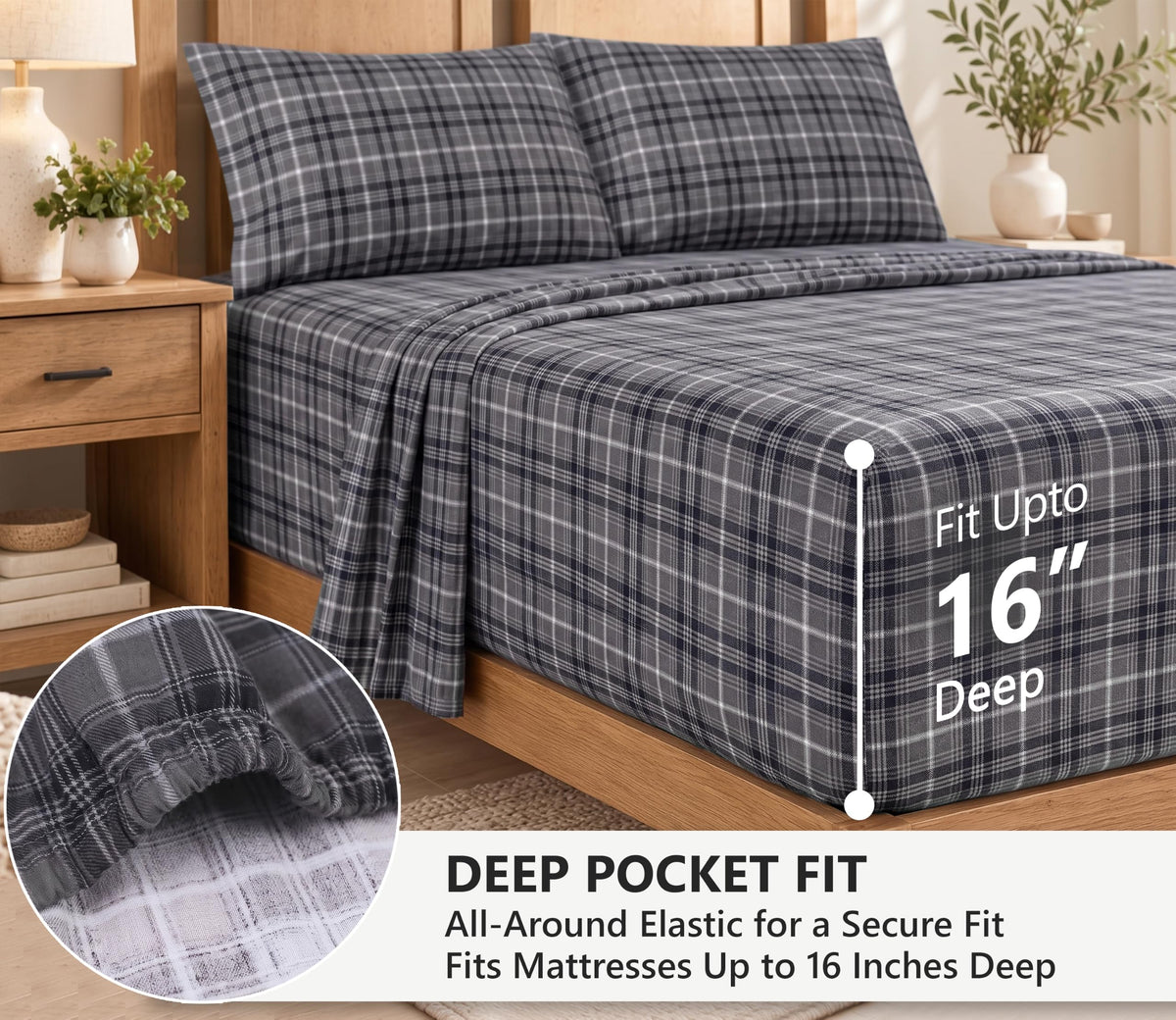 100% Cotton Flannel Sheets 4 Pcs Set, Grey Plaid