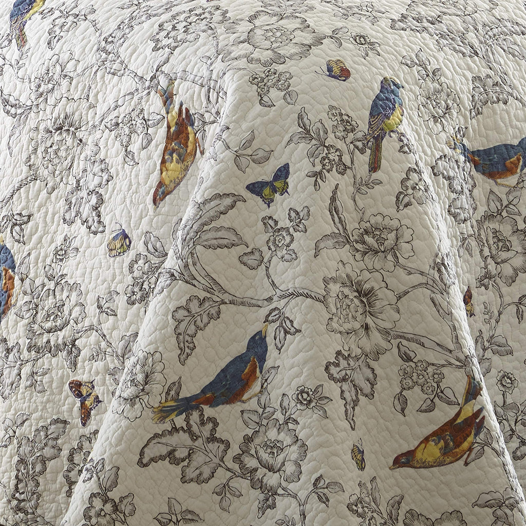 Mockingbird Quilt Set - Quilt 68x86in. + One Standard Pillow Sham 26x20in. - Grey Toile with Birds and