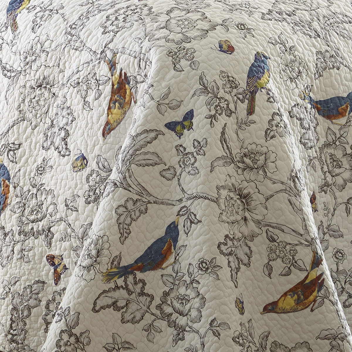 Mockingbird Quilt Set - Quilt 68x86in. + One Standard Pillow Sham 26x20in. - Grey Toile with Birds and