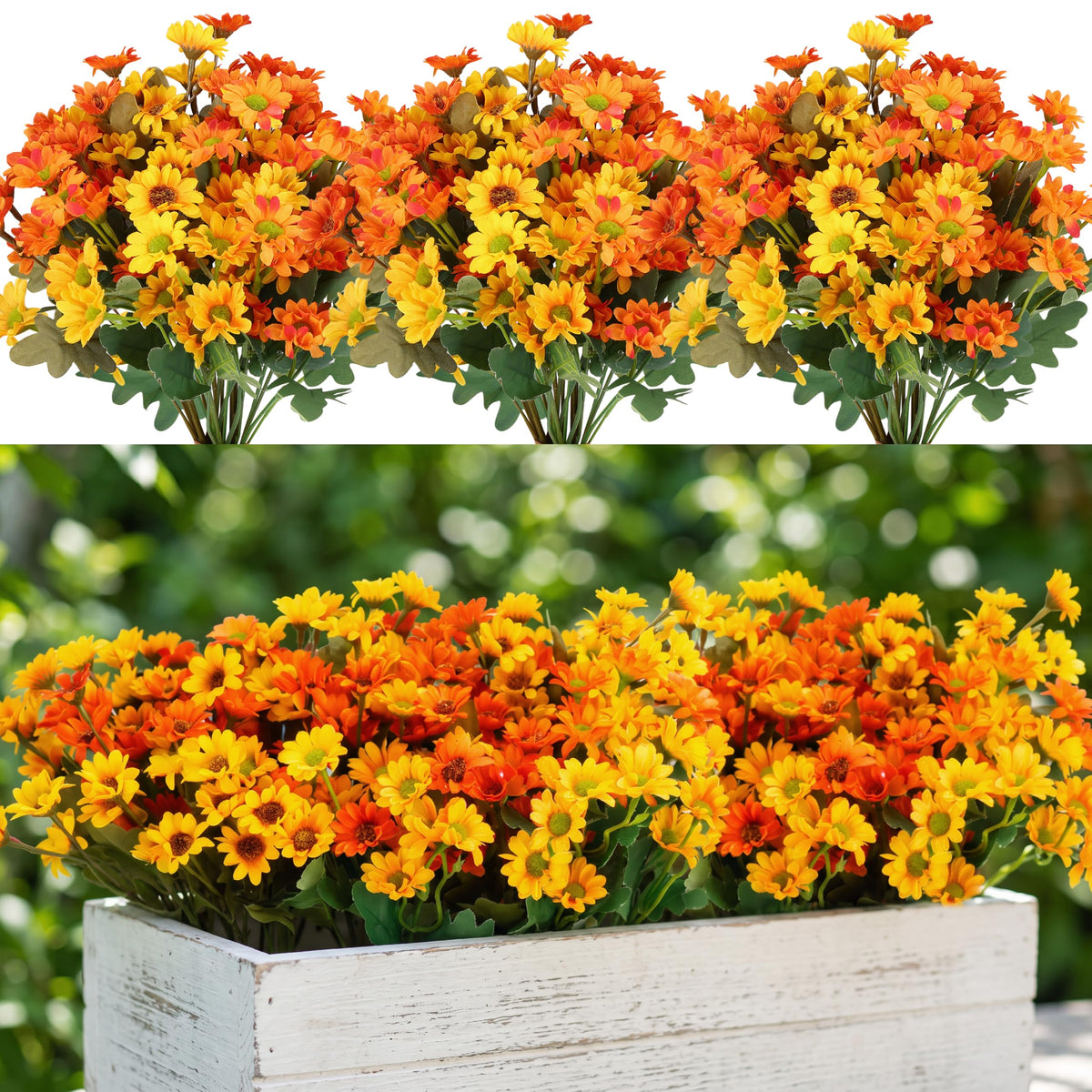 12 Bundles Fall Artificial Flowers for Outdoor Indoor, Fake Silk Daisy with Leaves, Autumn Faux Flower for Garden