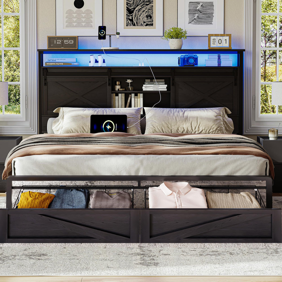 Farmhouse Bed Frame and Headboard with Storage Drawers & LED, Bed with Sliding Barn Door Storage