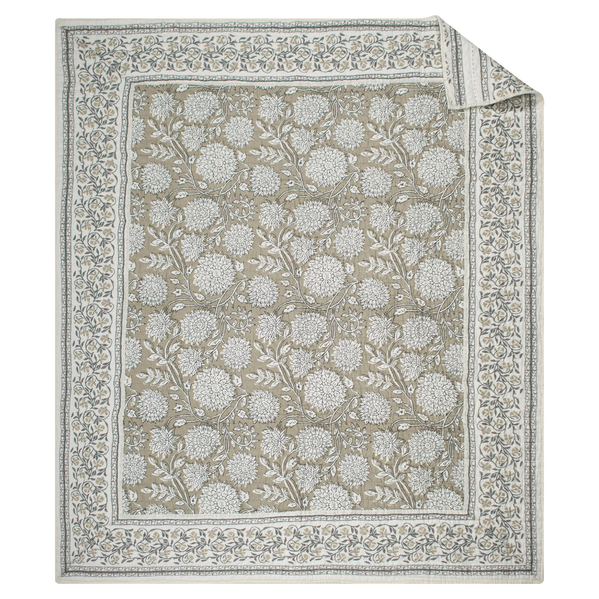 Adare Taupe - Throw - Bordered Floral - Taupe, Grey and Cream -Quilted Throw (50x60in.) - Cotton