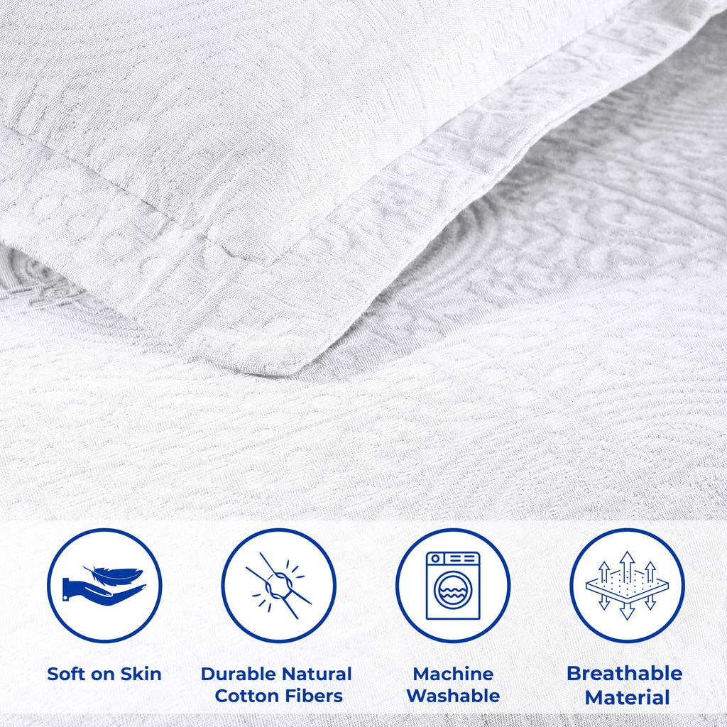 Cotton Bedspread, Jacquard Woven Matelasse Bedding, Twin, White