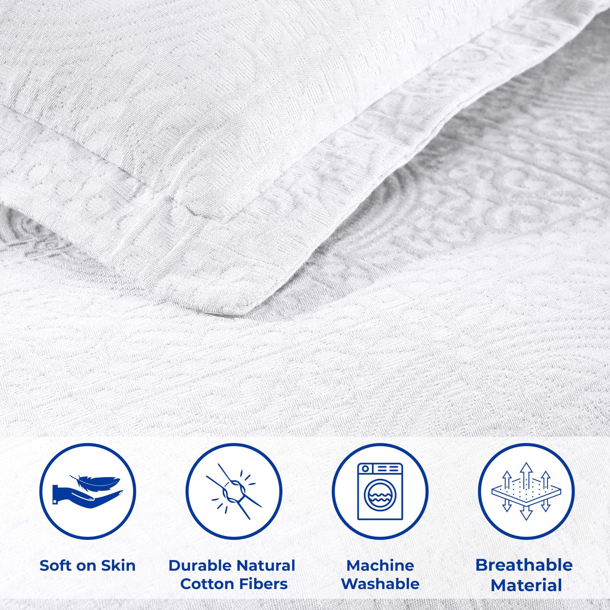 Cotton Bedspread, Jacquard Woven Matelasse Bedding, Twin, White