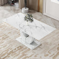 71” Modern Faux Marble Dining Table for 6 - 8, White Rectangle Kitchen Table with Sturdy Pedestal Base, Scratch