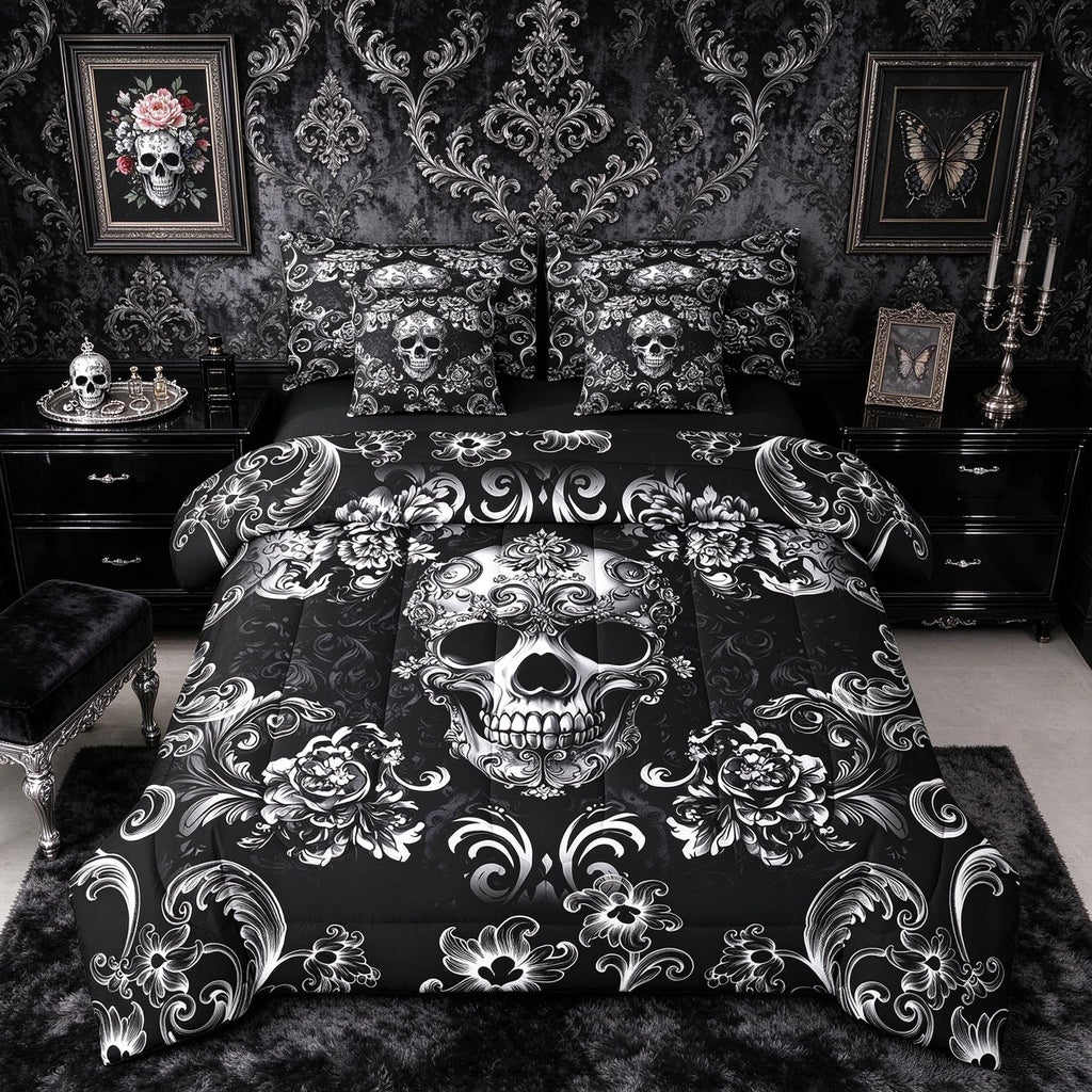 Gothic Skull Comforter Set in a Bag 7 Pieces, Halloween Flower Skeleton Bed Set Twin, Bohemian Victorian Style Bedding