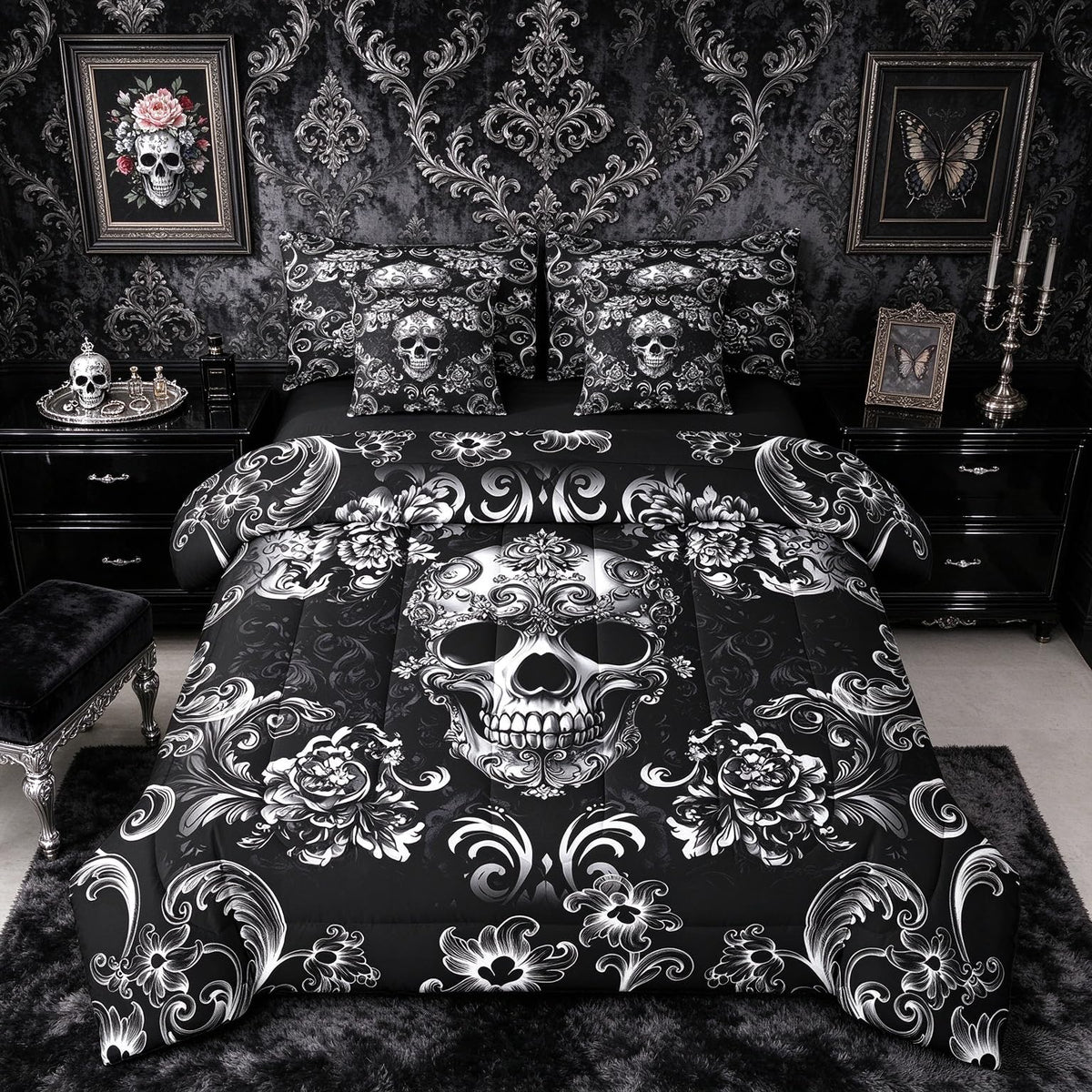 Gothic Skull Comforter Set in a Bag 7 Pieces, Halloween Flower Skeleton Bed Set Twin, Bohemian Victorian Style Bedding