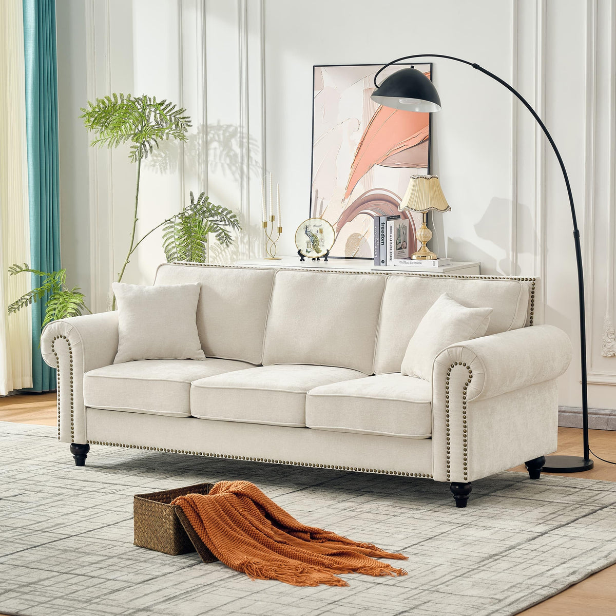 86.5" Classic Chenille Sofa Couch 3-Seater | Chesterfield Style with Traditional Rolled Arms, Nailhead Trim & Solid