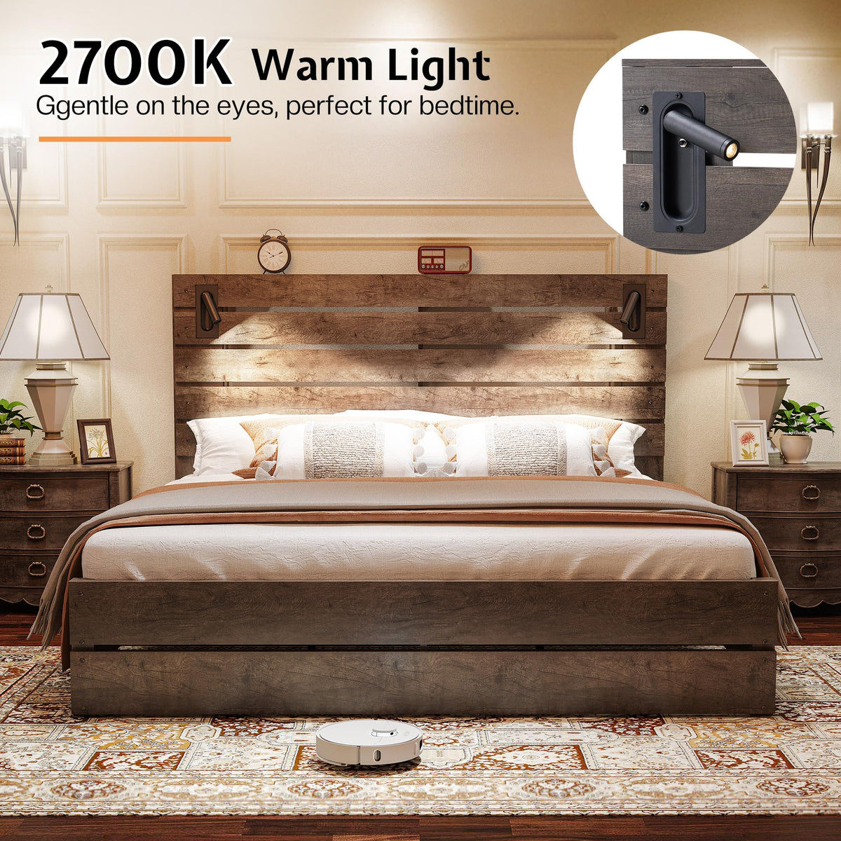 Bed Frame Farmhouse 51" Headboard&Reading Lights, Ash Grey
