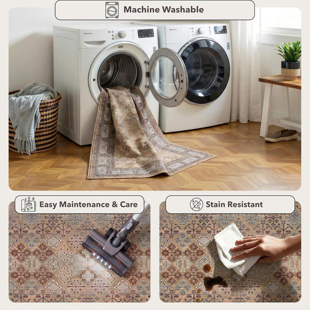 Large Area Rug, Machine Washable Area Rug with Non-Slip Backing, Vintage Style, Soft, Easy Clean, Low Pile Rug