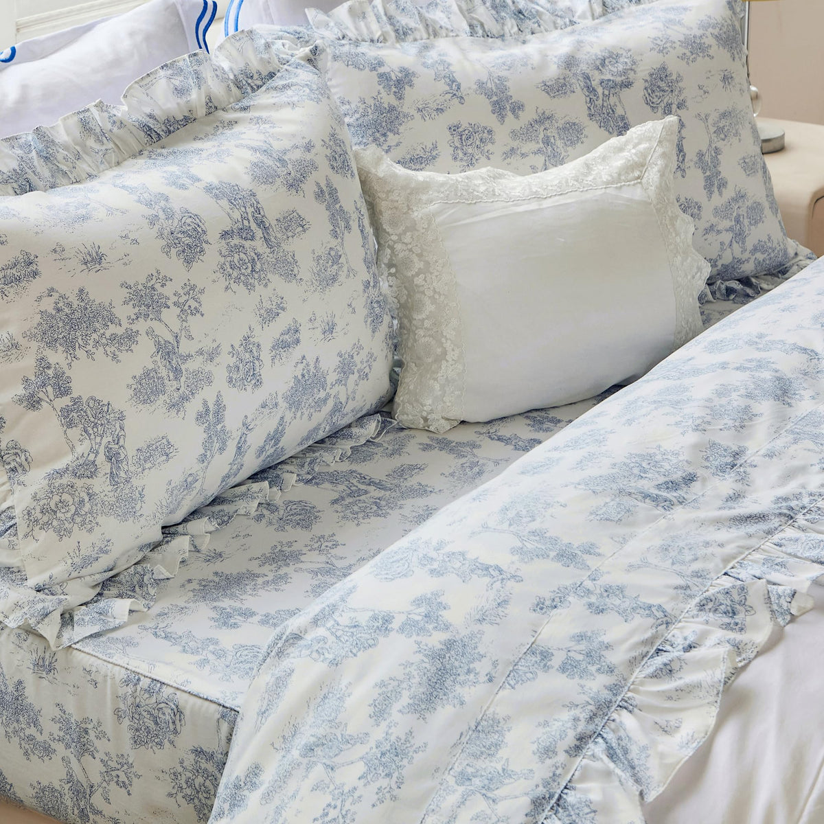 Organic Cotton Sheet Set - French Country Blue Toile de Jouy Bedding, Luxury Ruffle Edge Crisp & Cooling