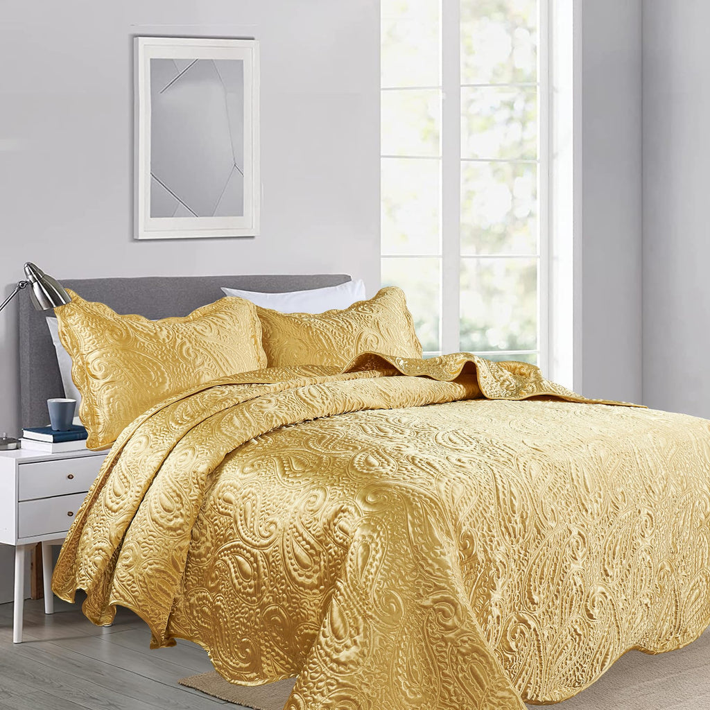 Quilted Satin Bedspread Set - 3-Piece Luxury Reversible Bed Cover