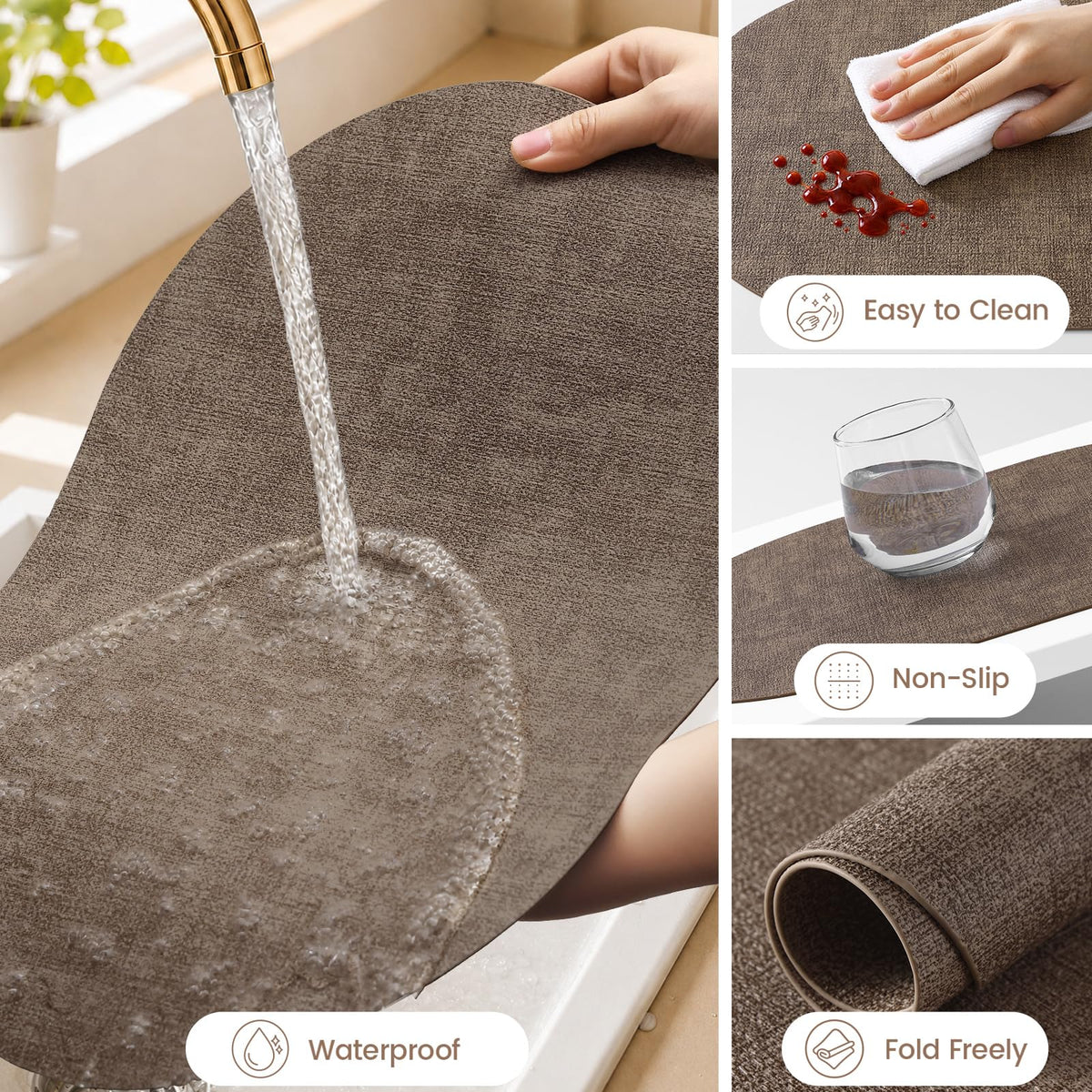 Oval Faux Leather Placemats Set of 6, Easy to Clean, Dark Brown