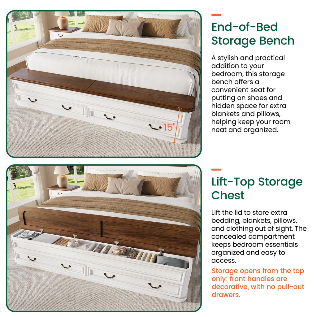 Farmhouse Bed with Headboard & Footboard Storage, White/Walnut
