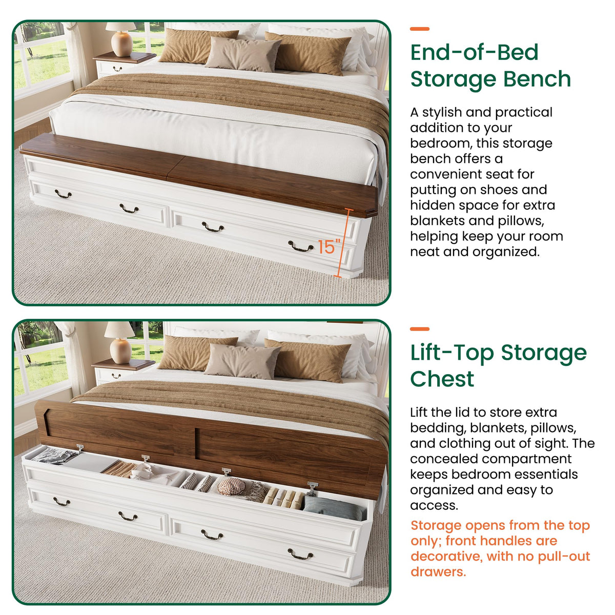 Farmhouse Bed with Headboard & Footboard Storage, White/Walnut