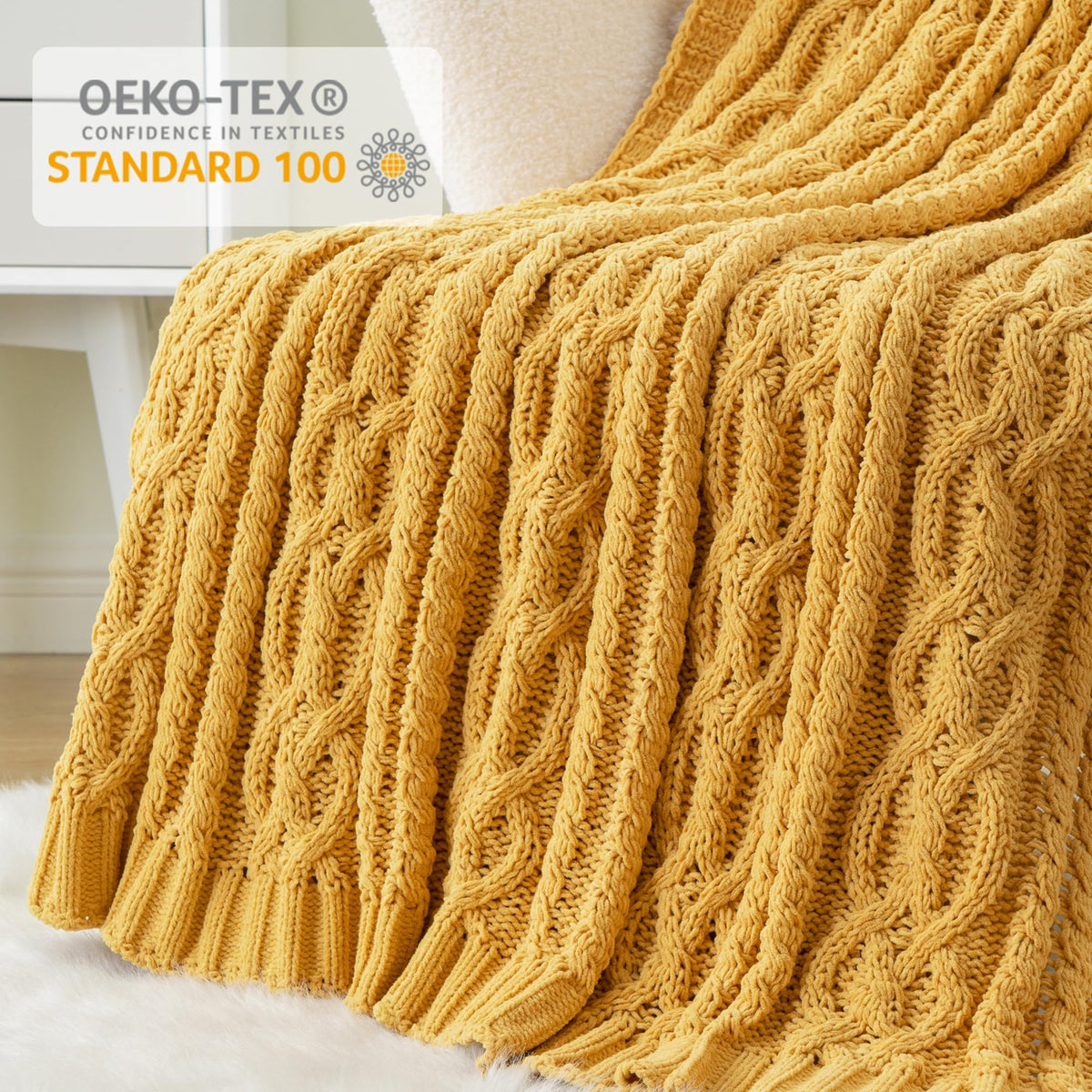 Mustard Yellow Throw Blanket 51"x67" Chenille Knitted Throw Blanket for Couch, Gold Throw Blankets Decor, Summer Fall