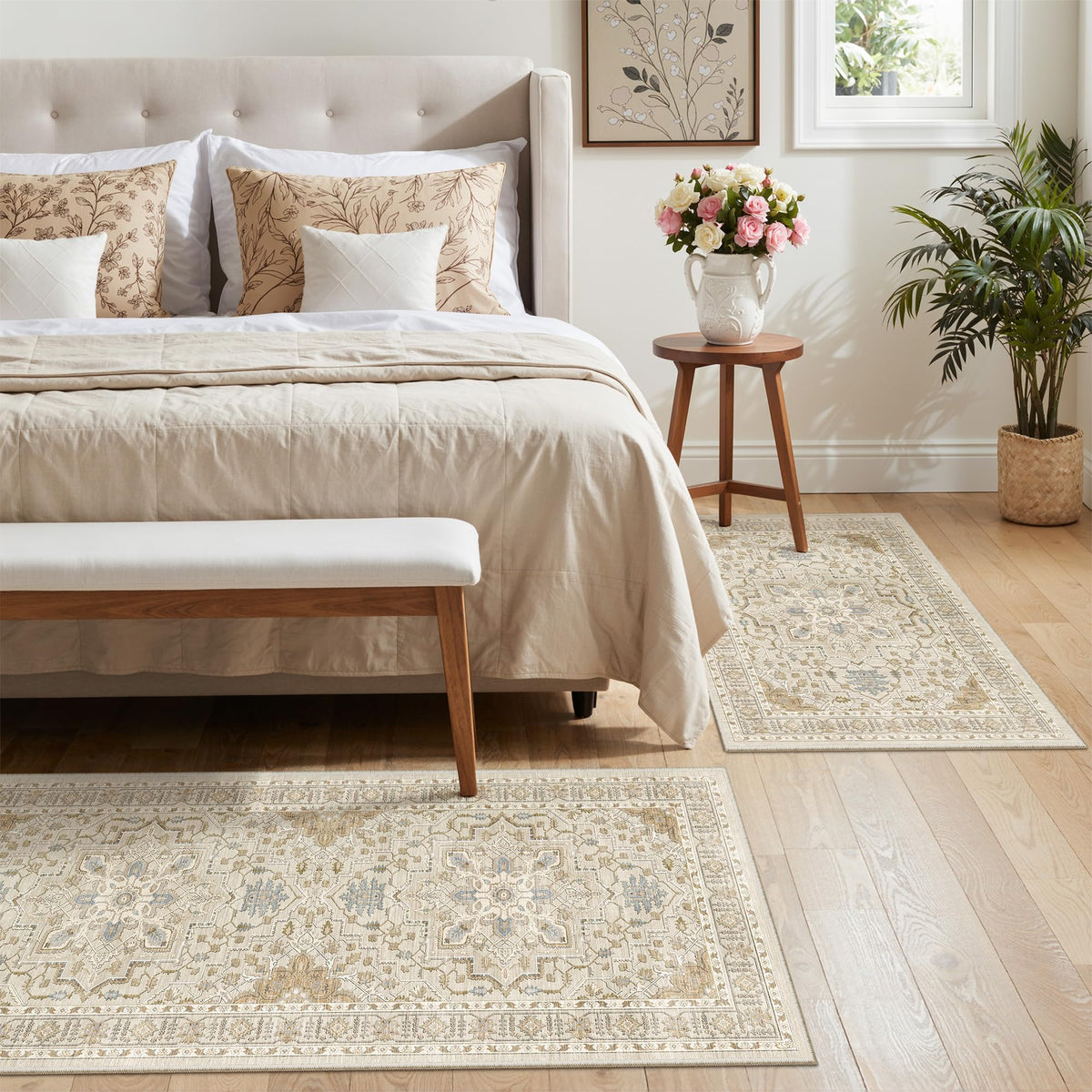 2-Piece Area Rugs Set, Small Kitchen Runner Non-Slip, Beige/Blue
