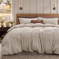 Gingham Duvet Cover Set Cotton-Like Bedding, Brown
