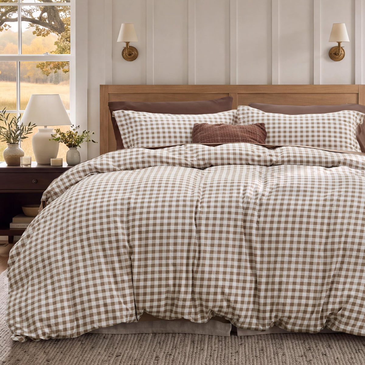 Gingham Duvet Cover Set Cotton-Like Bedding, Brown