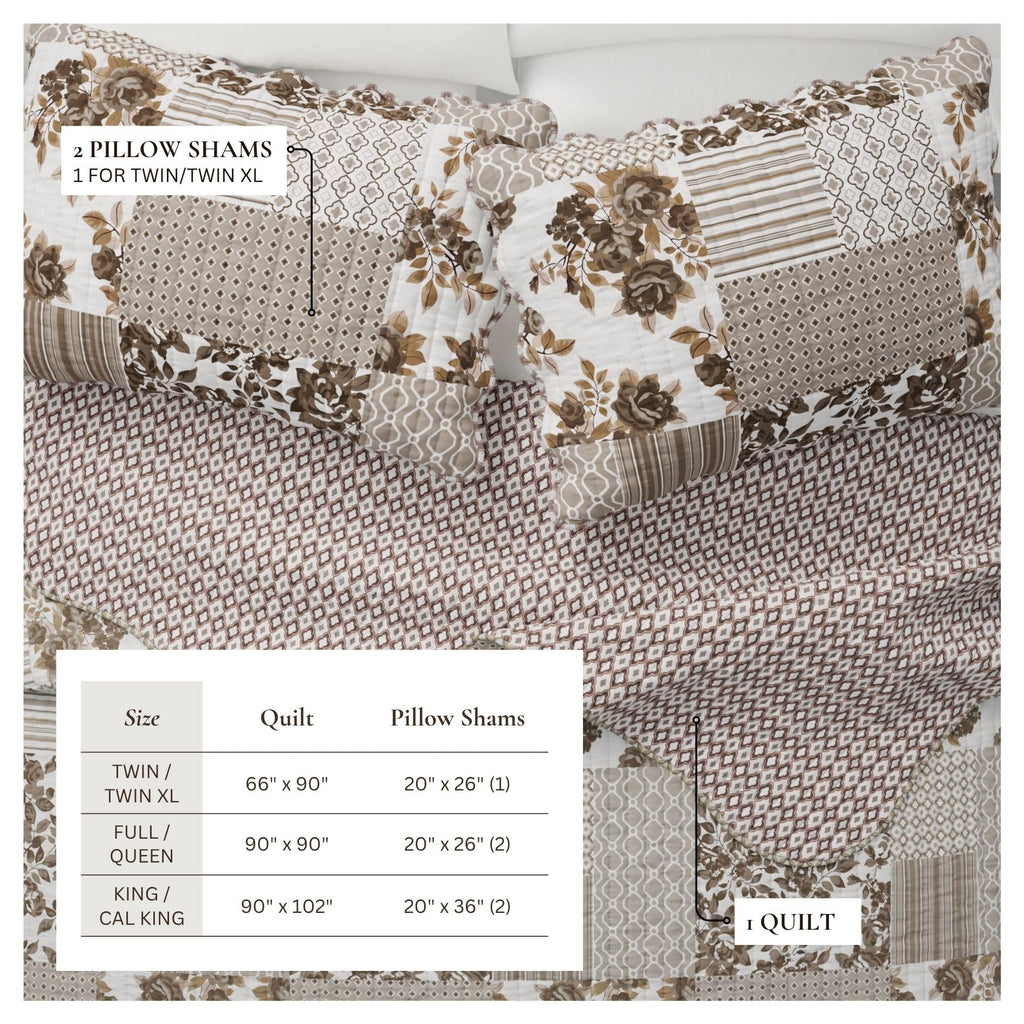 Floral Quilt Set - 3-Piece Size Scalloped Bedding Set - Lightweight, All-Season, Reversible Bedspread