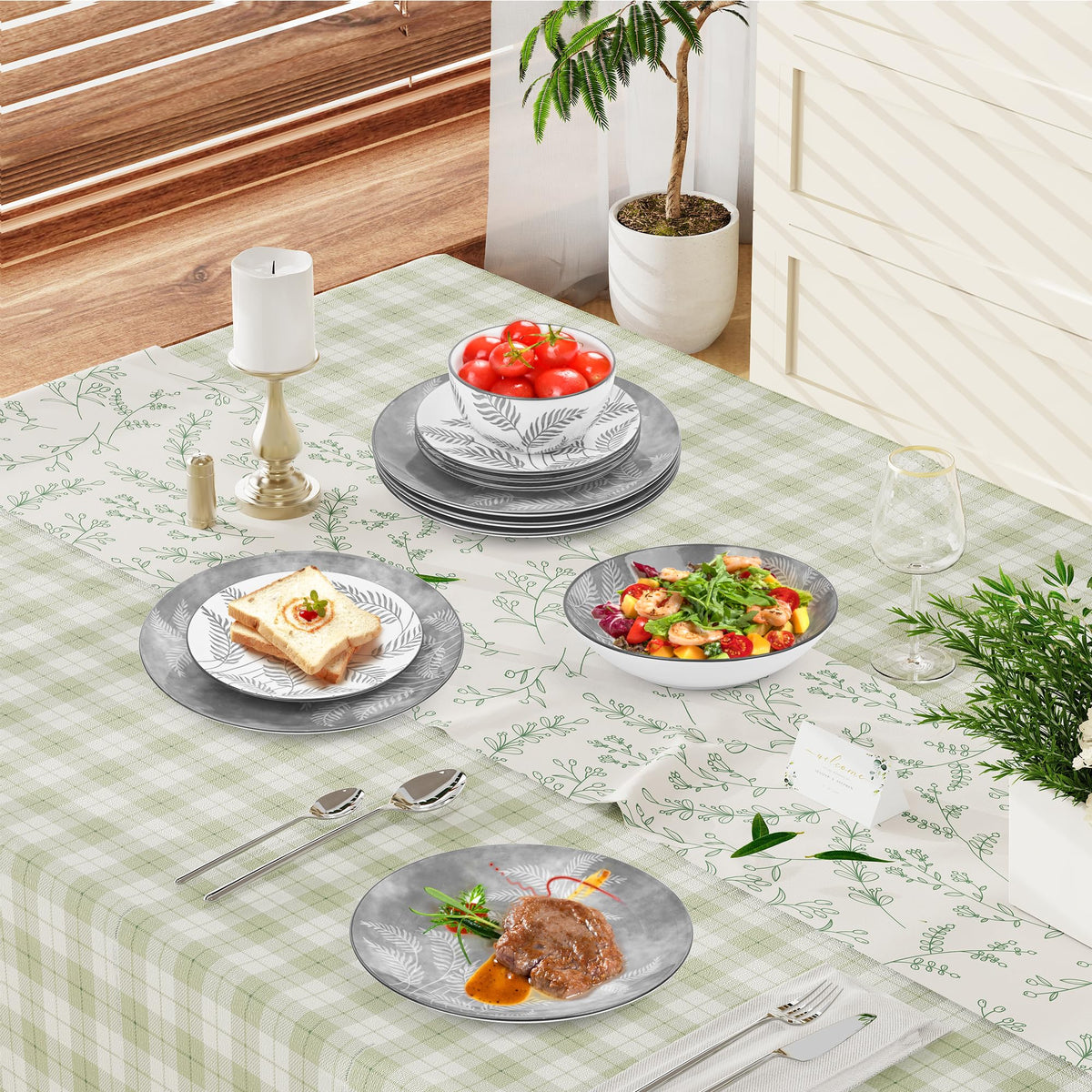 16 Pcs Porcelain Grey Dishes dinnerware set for 4 With Pasta bowls