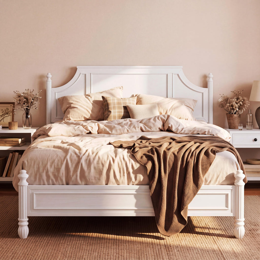 California King Wood Bed Frame with Fluted Spindle Post (White)