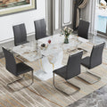 Dining Table Set for 6 with Chairs PU Upholstered, 71'' Pandora White Marble Dining Room Table and Chairs 1162 Gray