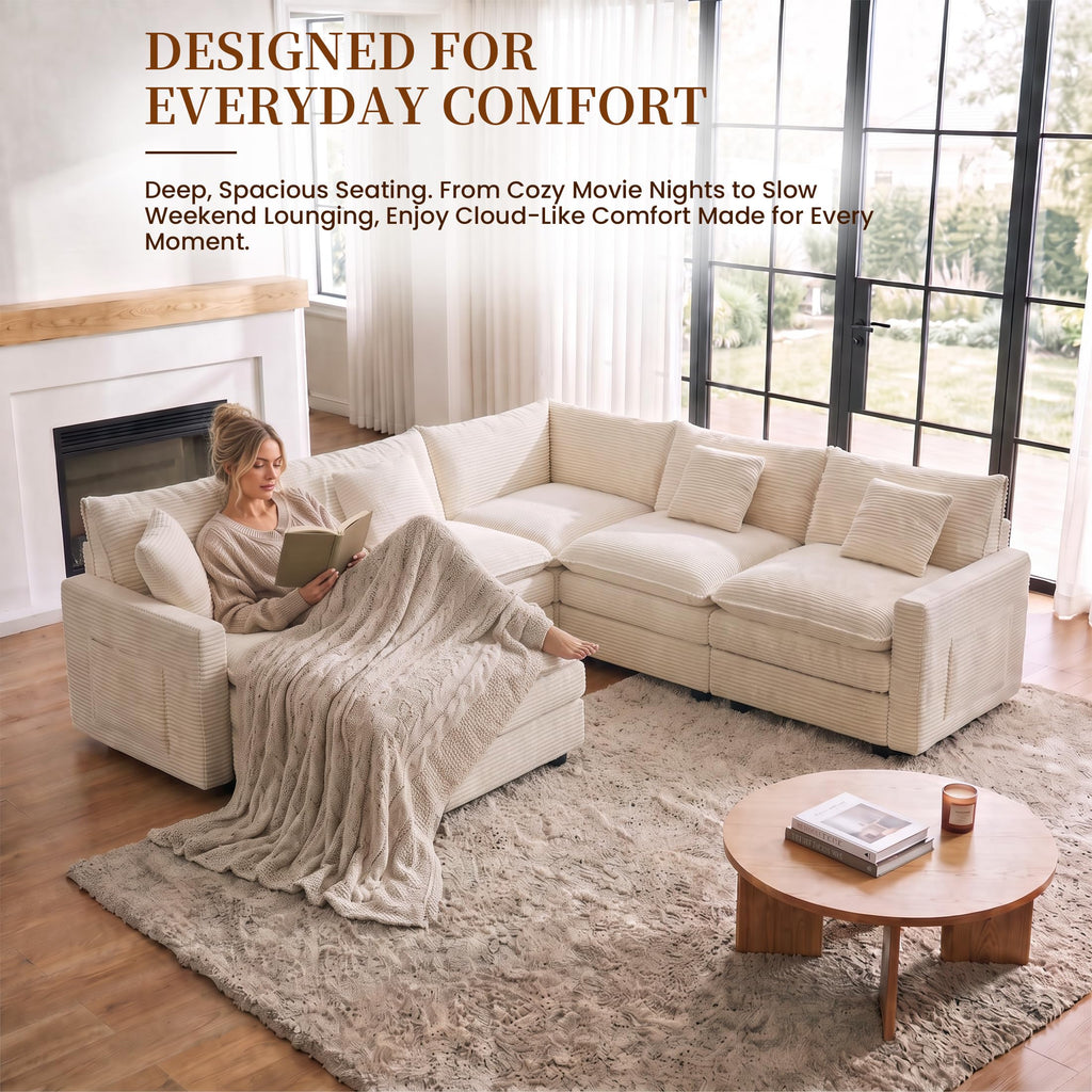 100" Modular Sectional Sofa, L-Shaped Cloud Couch with Ottoman, Beige