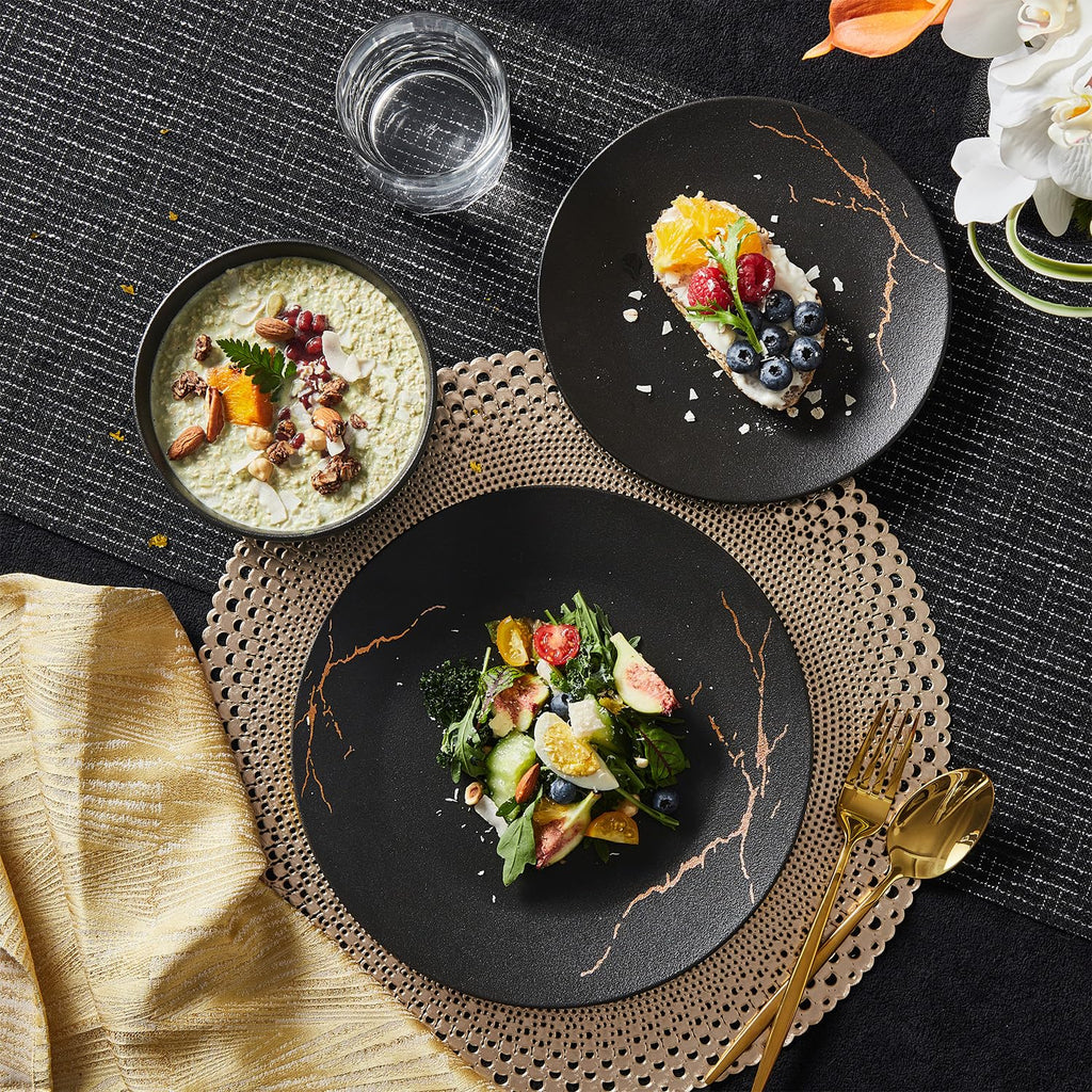 24-Piece Matte Crackle Dinnerware Sets, Black and Gold