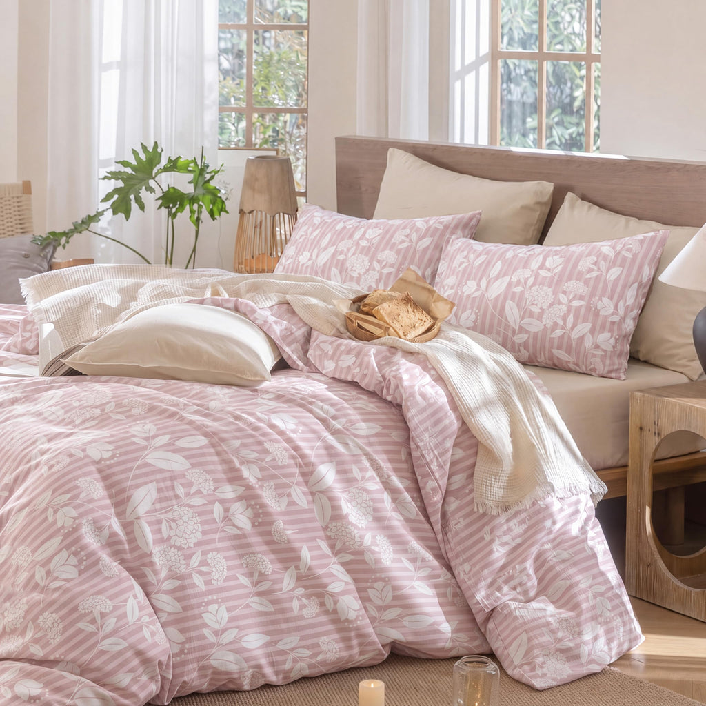 Pink Floral Duvet Cover Set, Blush Pink Leaf Floral Stripe Duvet Cover Set, 3 Piece 100% Cotton Soft