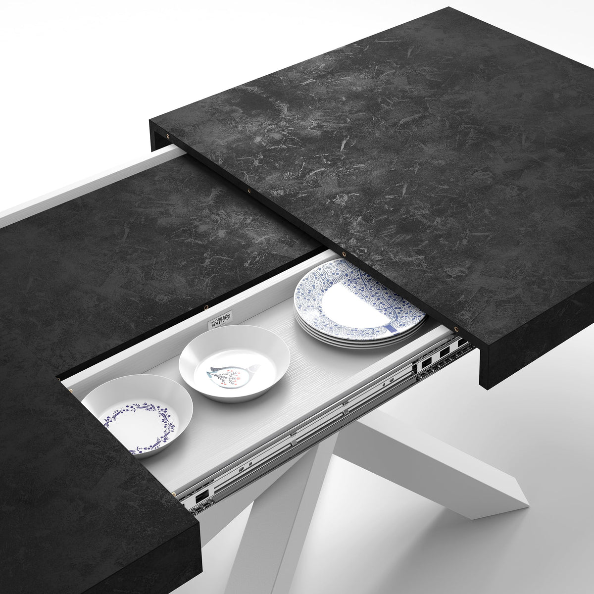 Emma 55.11(86.6) x35.4 in, Extendable Dining Table, Concrete Effect, Black with White Crossed Legs, Made in Italy