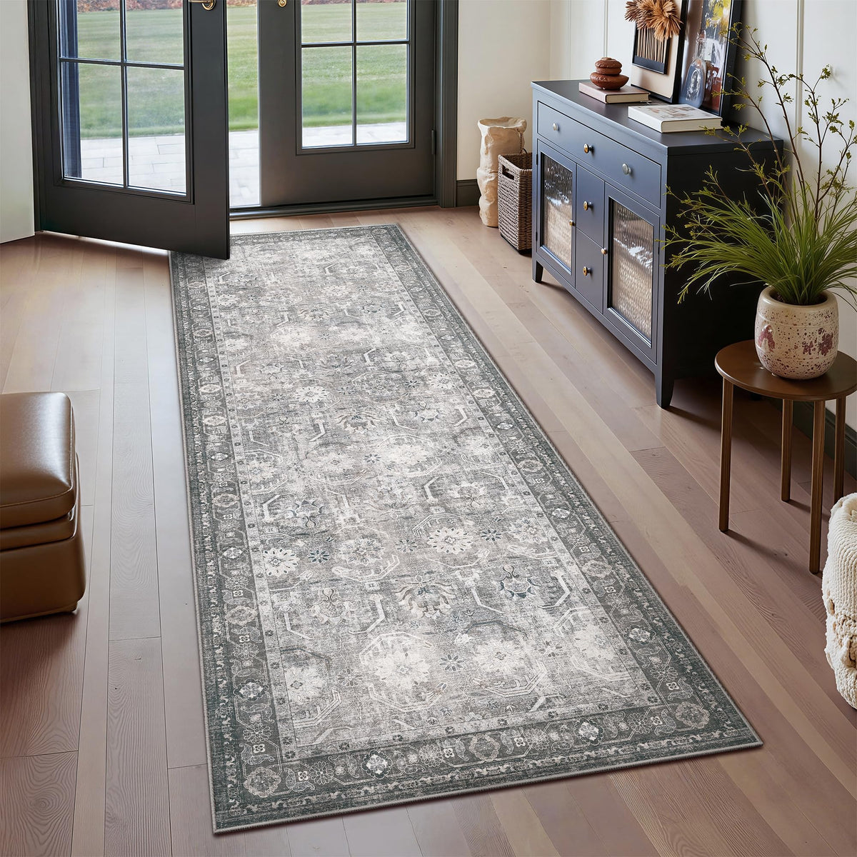 Runner Rug, Washable Non Slip Low Pile Kitchen Runner, Soft Boho Modern Rug s, Bedroom, Distressed Grey