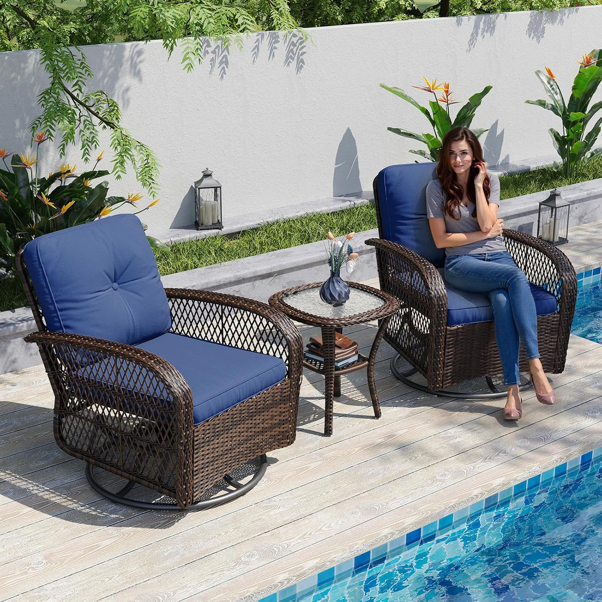 3 Pieces Patio Furniture Set, Patio Swivel Rocker Chairs Set of 2, Wicker Outdoor Bistro Set with Rocking Chair