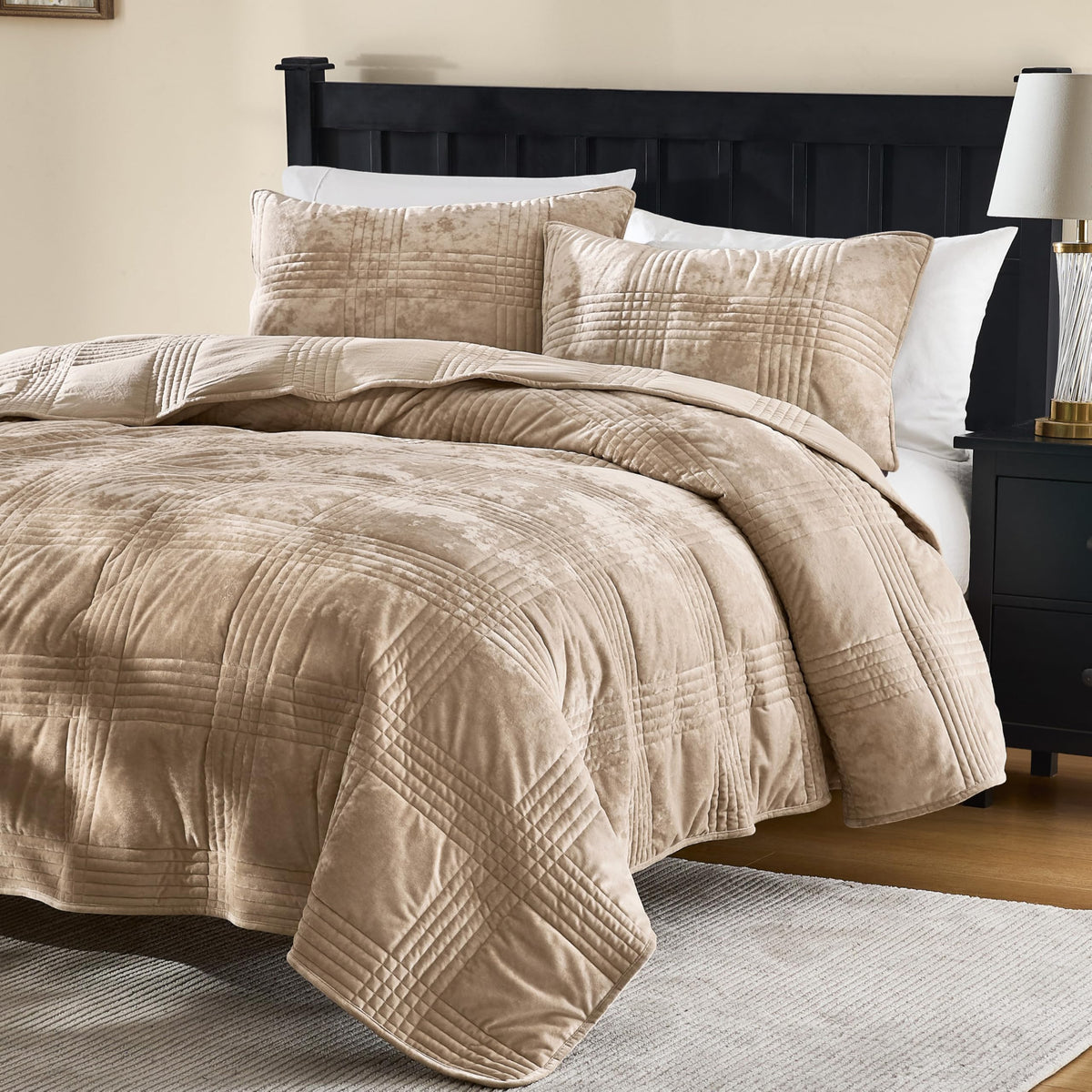 Velvet Quilt Set, Beige Khaki Tan Taupe Camel, 3 Pieces