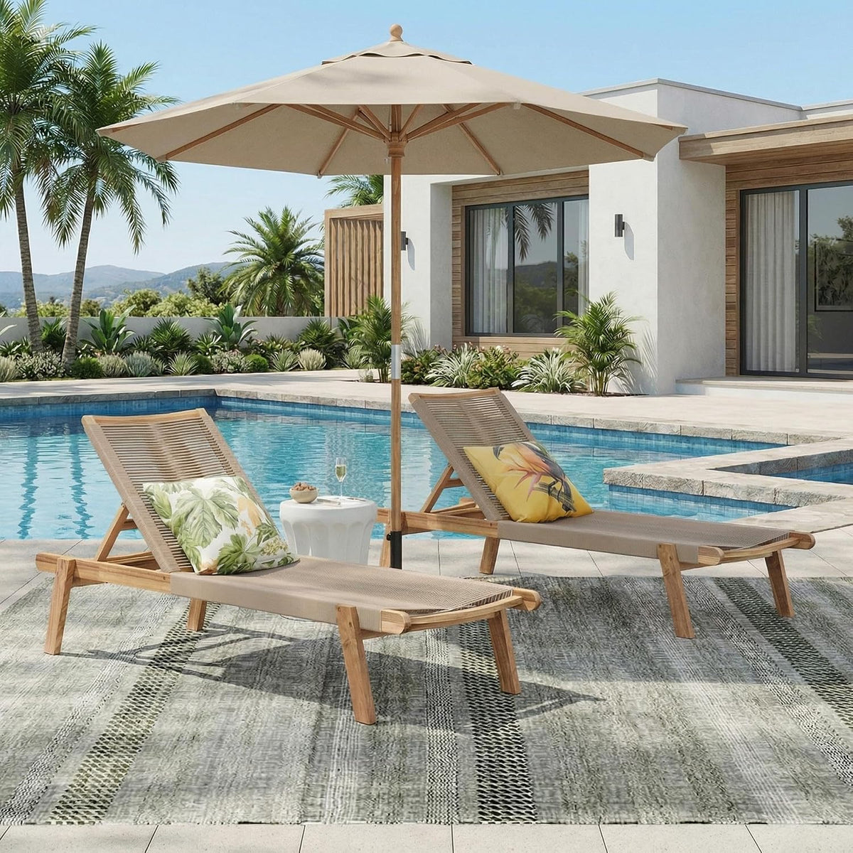 Outdoor Chaise Lounge Chair Set of 2, 77" L Acacia Wood Patio Lounge Chair with 4 Adjustable Position, Rope Woven