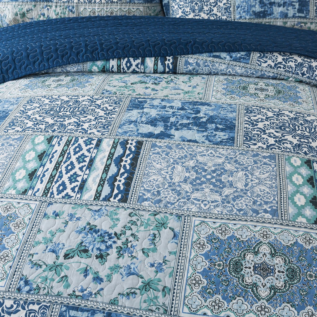 Cotton Bedspread Quilt Sets-Reversible Patchwork Coverlet Set, Blue Classic Bohemian Pattern