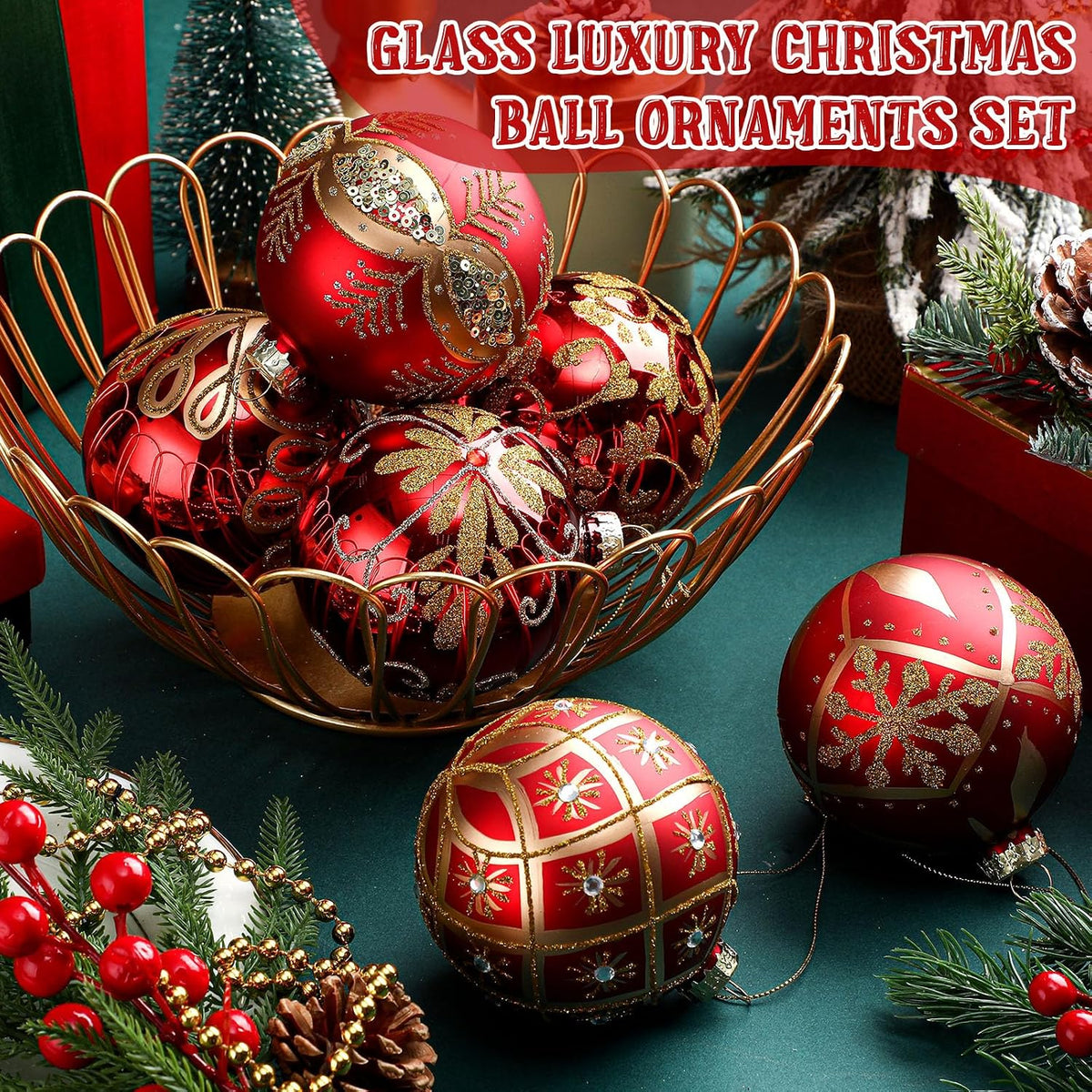 6 Pcs 3.15 in Glass Luxury Christmas Ball Red and Gold Ornaments