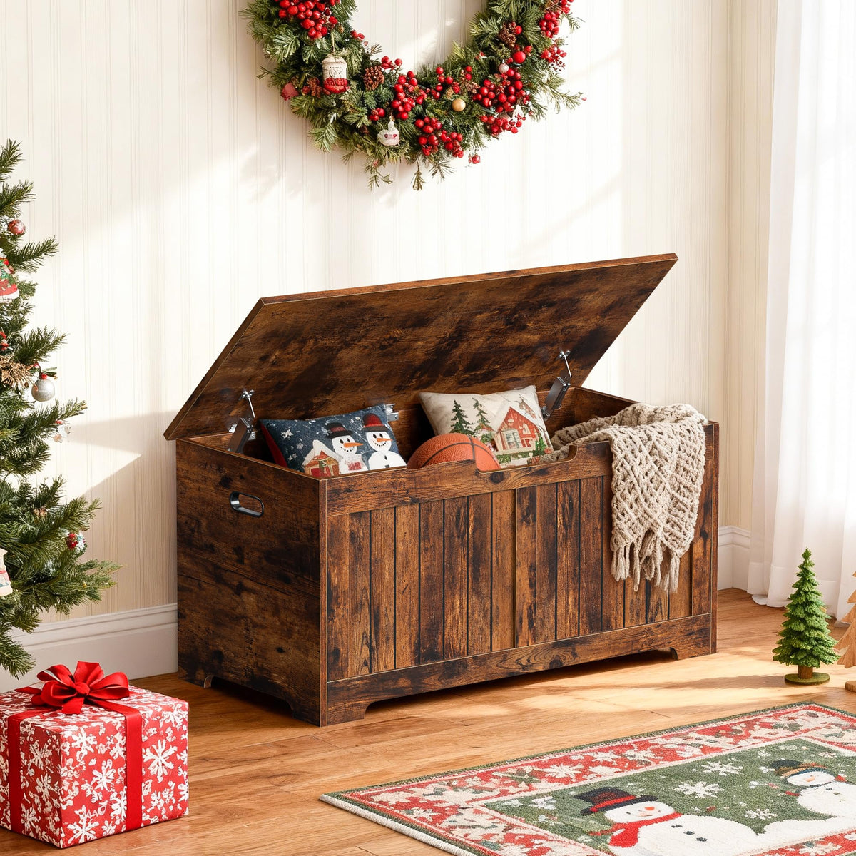 Storage Chest, 39 inches Chest Box Organizer with 2 Safety Hinges, Wooden Entryway Shoe Organizer Storage Bench