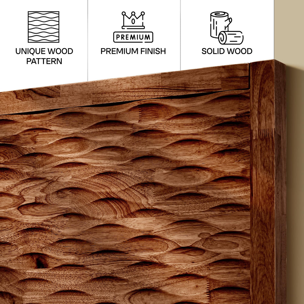 Acacia Elara Wood Bed Frame with CNC-Carved Headboard, Queen Size, Walnut