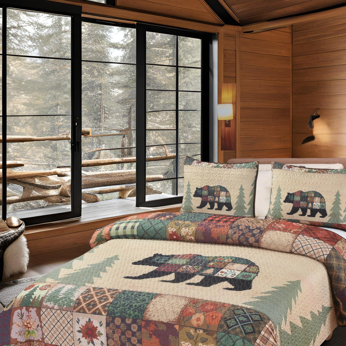 Bear Themed King Quilt Coverlet Set - Rustic Cabin Bedding