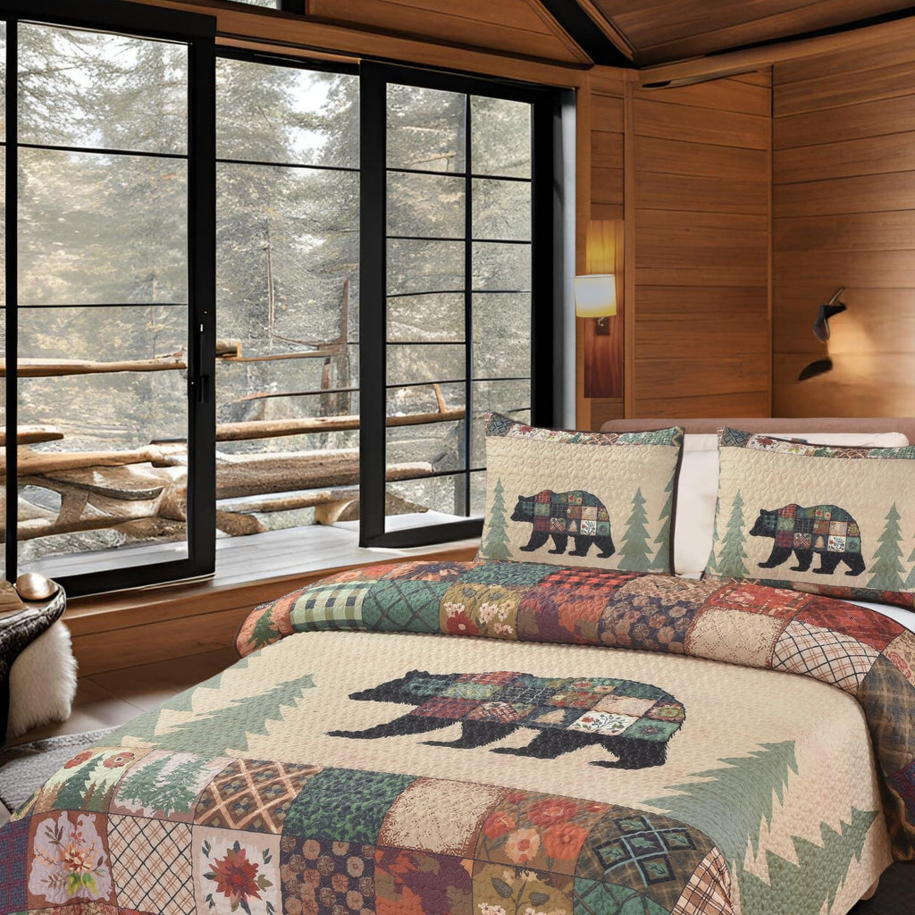 Bear Themed King Quilt Coverlet Set - Rustic Cabin Bedding