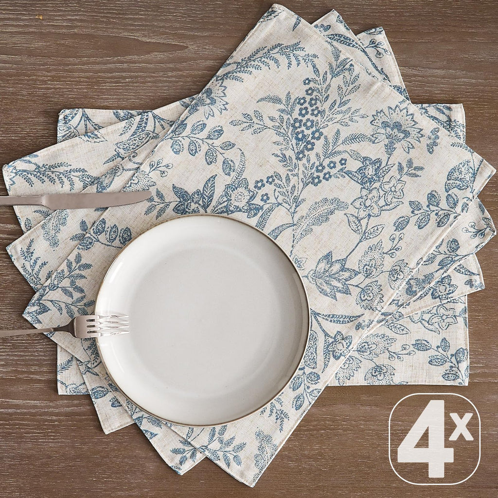 Linen Floral Placemats Set of 4 Farmhouse 13x19 Inch Blue