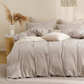 Tan Gingham Duvet Cover Bedding Set 100% Washed Cotton Like Linen Feel Super Soft Comfy 3 Piece Brown Vintage Plaid, King Size