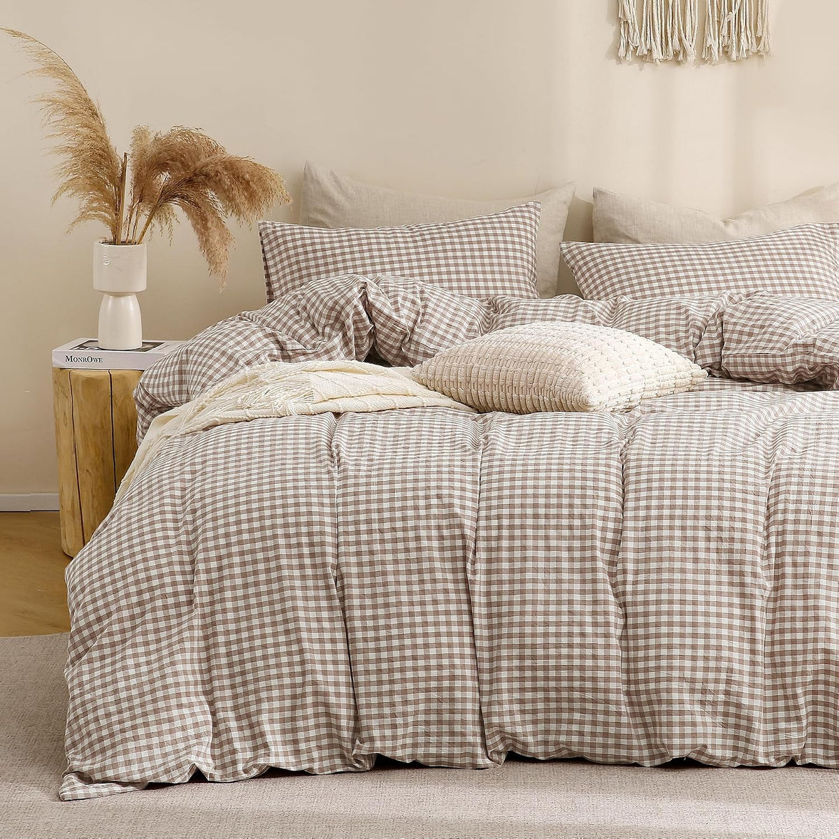 Tan Gingham Duvet Cover Bedding Set 100% Washed Cotton Like Linen Feel Super Soft Comfy 3 Piece Brown Vintage Plaid, King Size