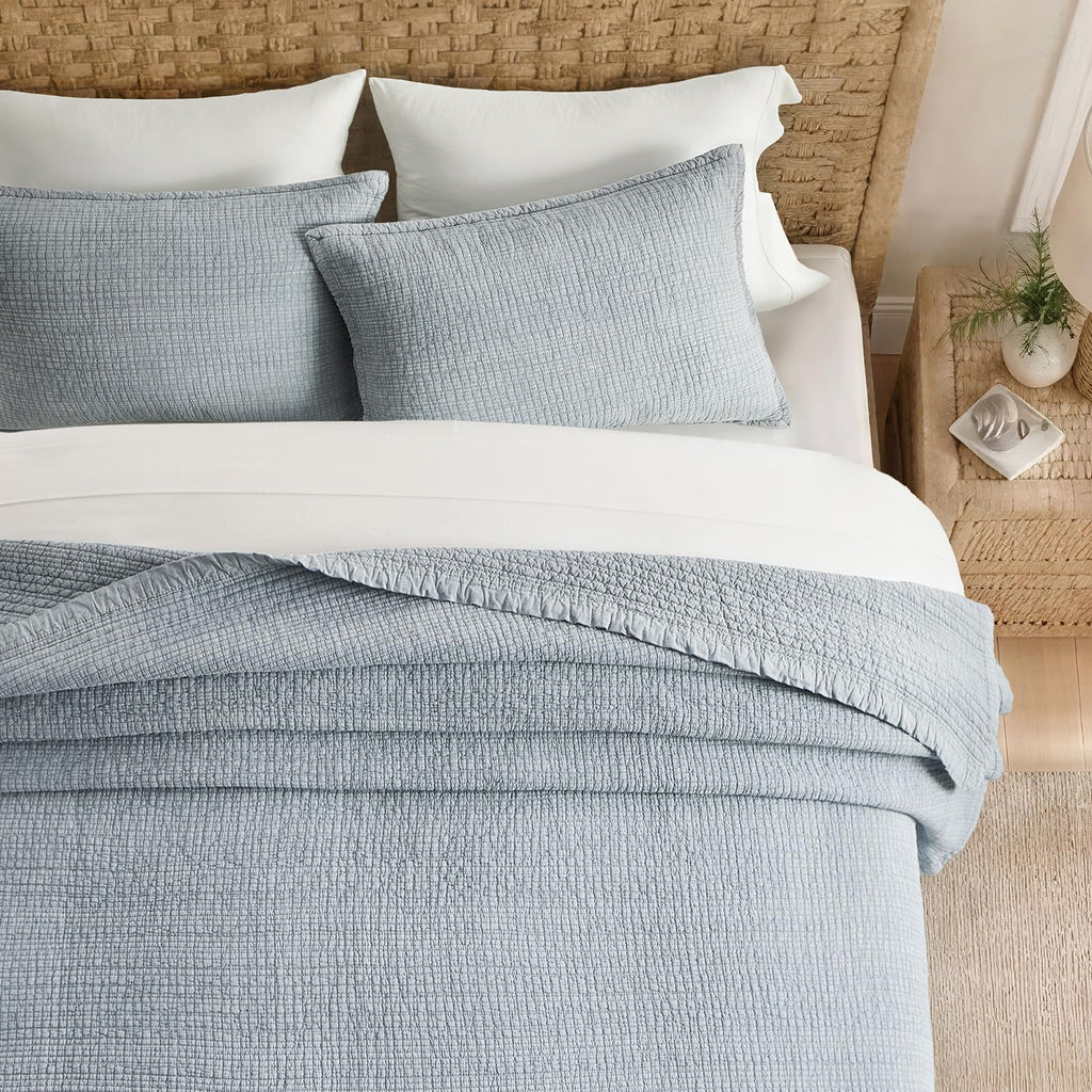 Stonewashed Textured Cotton Quilt Set, Blue Linen