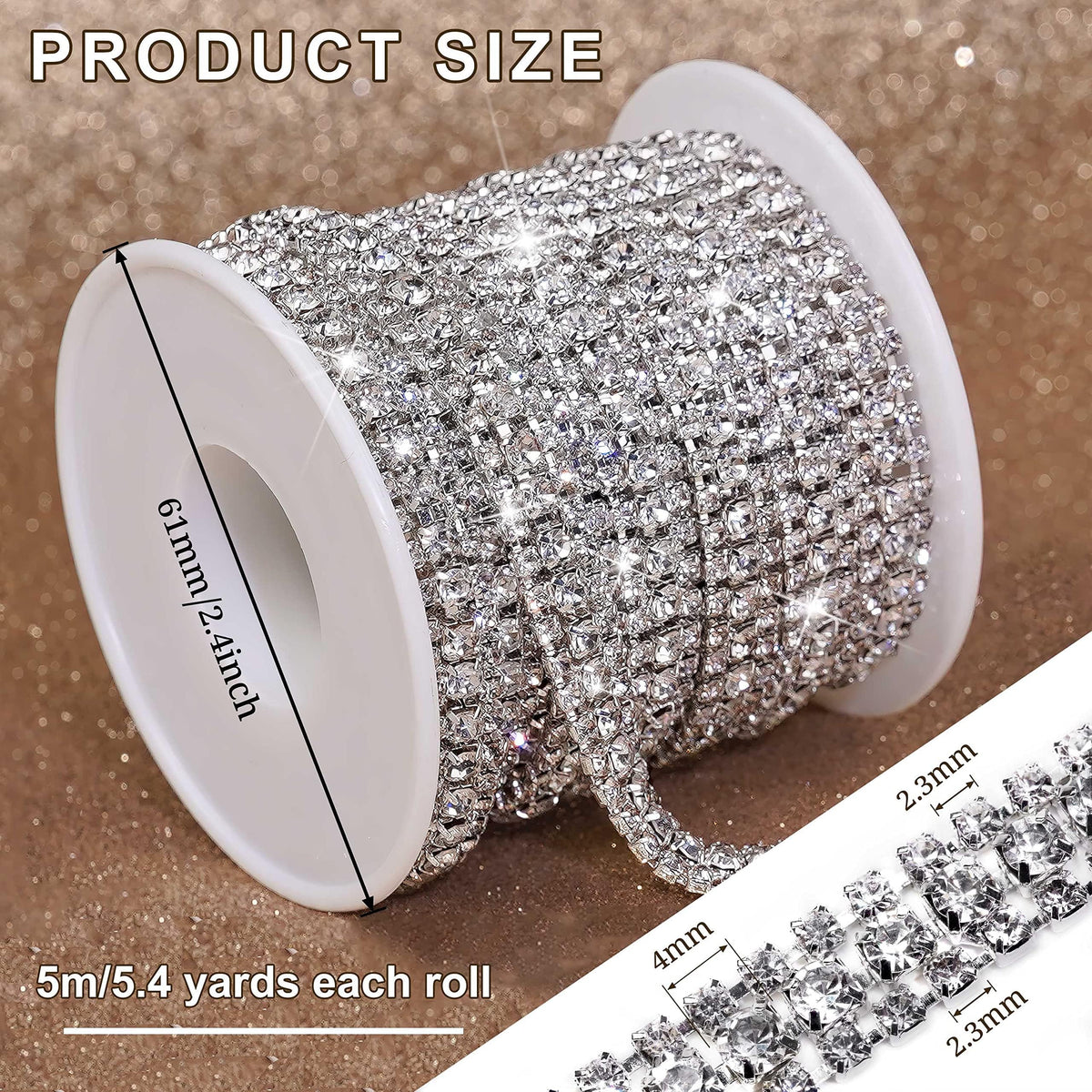 3 Rows Bling Rhinestone Close Chain Trim, Sew On Rhinestone Trim with 4 & 2.3mm Crystal for DIY Jewelry - 5.4 Yards